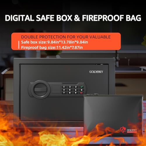 Goldenkey 1.2 Cu.Ft Modern Fireproof Safe – Digital Safe with Fireproof Bag, Keypad & Key, Protects Documents, Cash & Valuables, 9.84"D x 13.78"W x 9.84"H