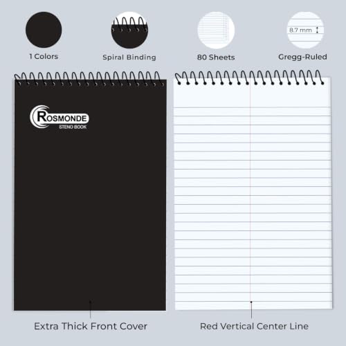 Rosmonde Bulk Steno Pads, 96 Pack, 6x9 Gregg Ruled, Black Covers, 80 Sheets