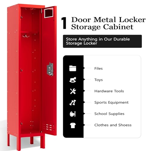 SAPITAL Metal Storage Locker, Lockable Employees Metal Locker with Door, Card Slot, 66" Height Steel Locker for Home, School, Office, Gym (Red)