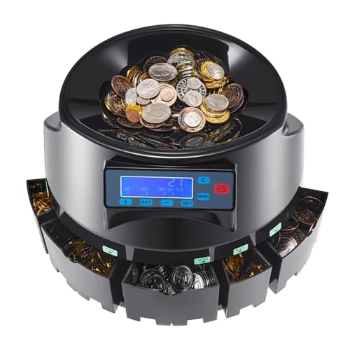 High Speed USD Coin Counter & Sorter, Built-in LCD Display, 300 Coins Per Minute, 2000 Coins Capacity with 5 Coin Bins and Tubes