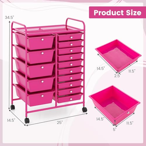 HOMGX 15-Drawer Storage Rolling Cart, Multipurpose Utility Storage Cart w/ 4 Lockable Wheels & Removable Drawers, Plastic Drawer Organizer for Office, Supermarket, Home, School (Hot Pink)