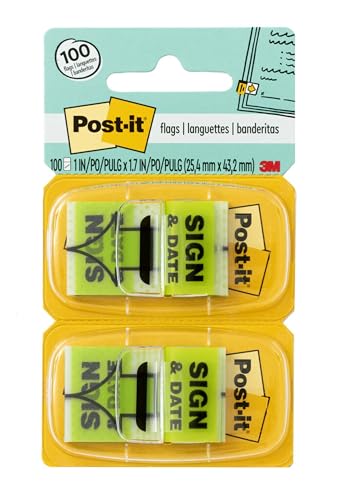 Post-it Flags 680-SD2, 1 in Wide, Green, Sign & Date Flags - 24 Pack