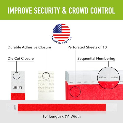 5,000 WristCo Neon Red Tyvek Wristbands for Events - Tamper-Proof Design