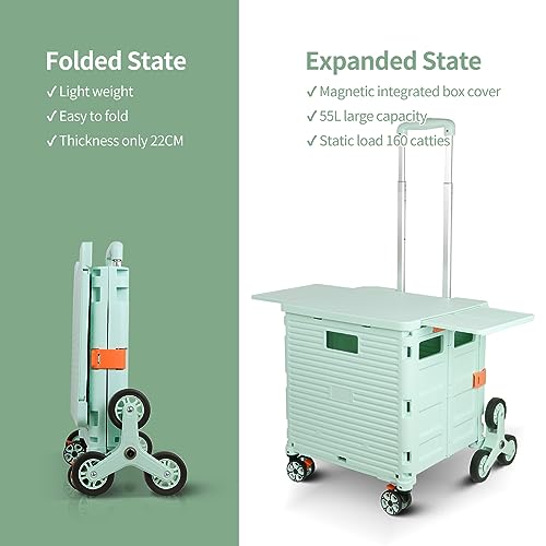 Foldable Utility Cart Collapsible Portable Crate Rolling Carts with Stair Climbing Wheels Tote Basket with Magnetic Lid Telescopic Cover Wear-Resistant 360°Rotate Wheel Noiseless for Shopping Office