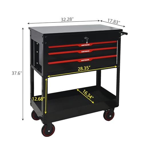 KEIKI 3-Drawer Rolling Tool Cart with Lift-Up Steel Top, Utility Tool Box, Multi-Functional Tool Storage Organizer Cabinet for Garage, Warehouse, Workshop, Repair Shop, Black