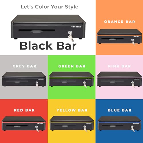 Volcora Cash Register Drawer for Point of Sale POS System with Round Corners 16", Removable Coin Tray, 5 Bill 8 Coin, 12-24V RJ11/12 Key-Lock Media Slot, Money Drawer for Business, Black Bar/Black