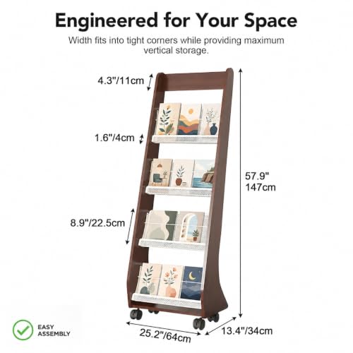 Quvex 4-Tier Magazine Rack with Wheels, 57.8" Tall Curved Display Stand
