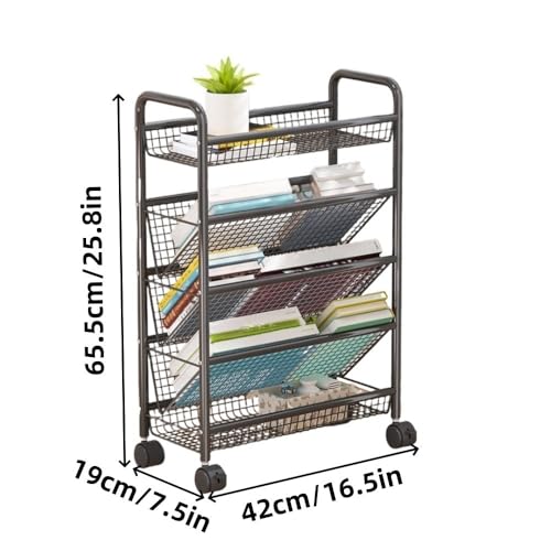 Xadkmwsfm Rolling Book Cart, Multi-Layer Storage Cart, Storage Rack with Wheels, Metal Mobile Bookshelf, Multifunctional Trolley for Living Room, Kitchen, Study(Black,16.5 * 7.5 * 25.8IN)