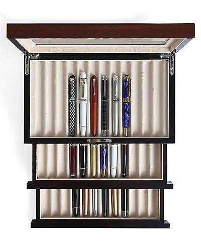 Besforu wood pen display case 36 slot Fountain pen Box storage Organizer with drawer, Top Glass Window Pen Collection Display Case