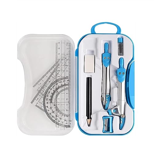 OREKPOT Compass Geometry Tool 10 Piece Geometry Kit, Math Tools Kit with Compasses, Protractor, Pencil, Triangle, Lead Refills for Students and Engineering Drawing Circle Drawing