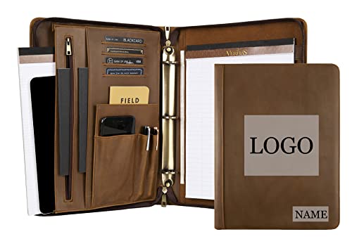 Custom Leather Portfolio, Vintage Binder Engraved, 3 Ring Padfolio Folder, Handmade Personalized for Women, iPad Laptop Portfolio for Men (Khaki, Custom)