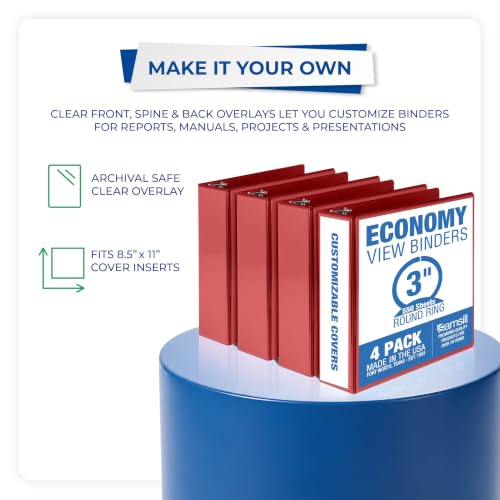 Samsill 3 Inch 3 Ring Binders, Economy Round Ring, Clear View Cover, 550 Sheet Capacity - for School, Home, Office - Red, 4 Pack