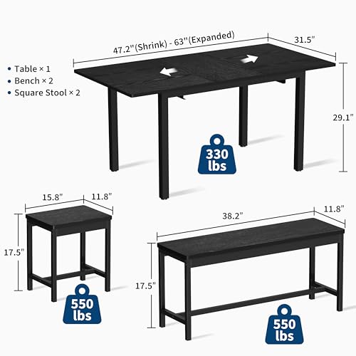 MegaChoice Dining Table Set for 4-6 People, Extendable Kitchen Table Set with 2 Benches and 2 Stools,63 Inch Dining Table Set for Small Space,Black