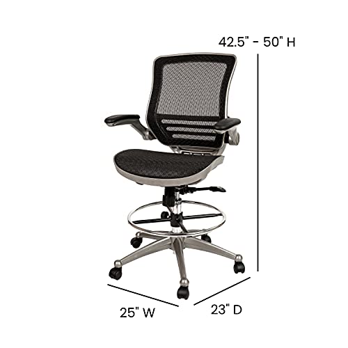BizChair Mid-Back Transparent Black Mesh Drafting Chair with Graphite Silver Frame and Flip-Up Arms