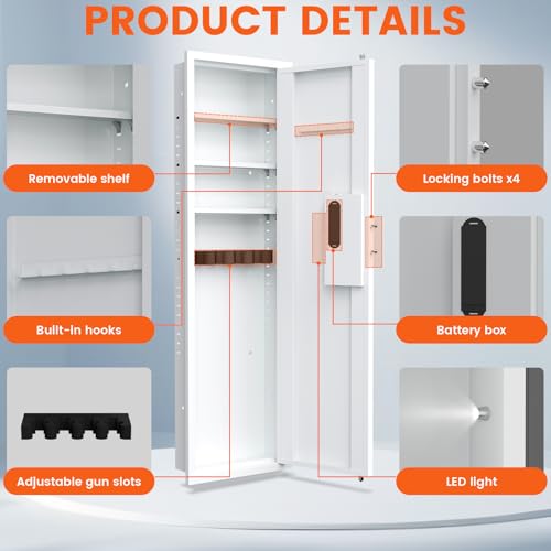 kavey 53.15" Wall Safe Between the Studs, Digital Hidden Safe with LCD Backlit Keypad, Large Wall Gun Safe with 5 Adjustable Shelves & Magnetic Slot for Home (White-Digital)