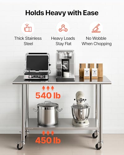 VEVOR Stainless Steel Work Table, 24x48 inch Food Prep Table with Wheels and Backsplash, Commercial Kitchen Workstation with Adjustable Undershelf, Metal Utility Worktable, for Restaurant Home Outdoor