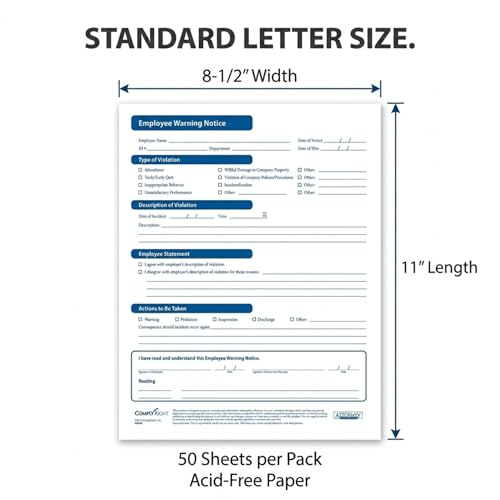 ComplyRight Employee Warning Form | 8-1/2” x 11” | Discipline Form | 50 Pack