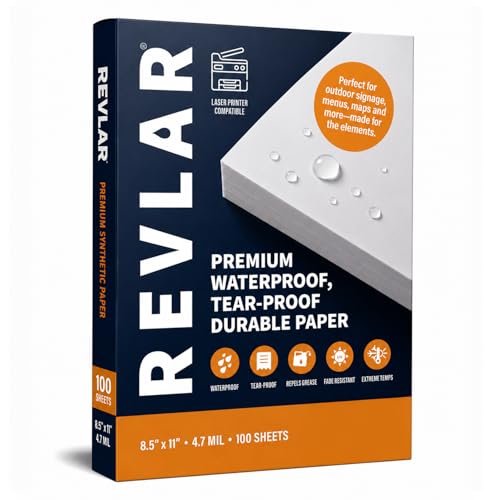 REVLAR® Premium Durable Waterproof Tear-Proof Laser Printer Paper 8 x 11 5mil 100 Pack - White, Fade Resistant, Washable, Grease Repellent, Pack - Ideal Durable Sign Paper for All Printing Needs
