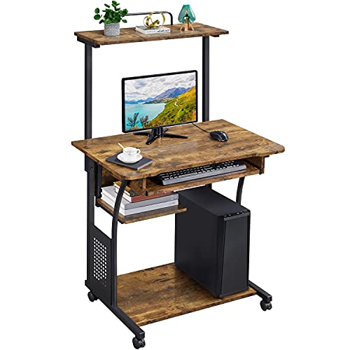Yaheetech Small Rolling Computer Desk with Hutch and Shelves, Rustic Brown