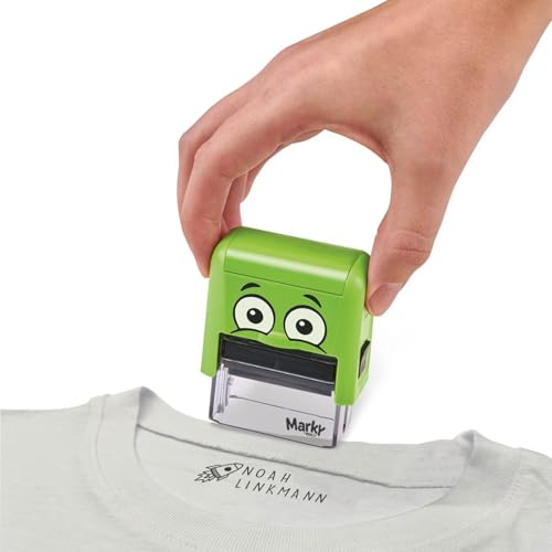 MARKY Stamp Set Green, with Black Ink for Labelling Various Items and Clothing, incl. 3in1 Refill Set with Ink pad, 40 Labels and 1 m thermotape
