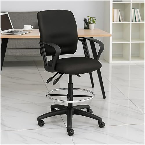 Benzara Jea Swivel Drafting Stool, Seat Tilt Lock, Loop Arms, Black Crepe