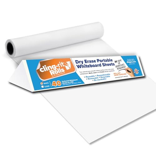 Clingers Instant Whiteboards - Repositional Dry Erase Sheets, 40 Whiteboards per Roll, 20x30 Inch, Removable & Recyclable Cling-rite Rolls for School, Office Decor, and Art Projects - American Made