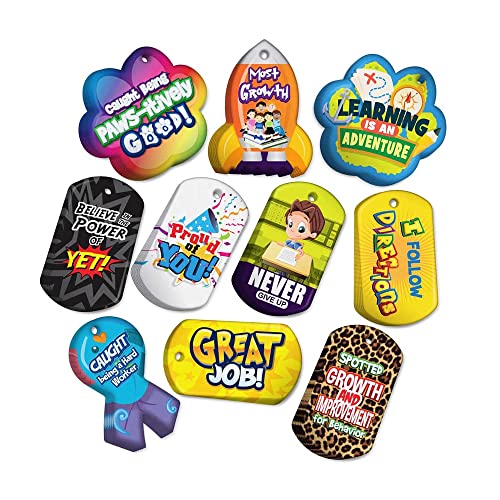 Promote, Recognize, & Reward Positive Student Behavior in School Classrooms Brag Tag Value Pack: 100 Tags (10 Tags for Each Shape) + 25 USA-Made 24" Hypoallergenic Aluminum Safety Chains
