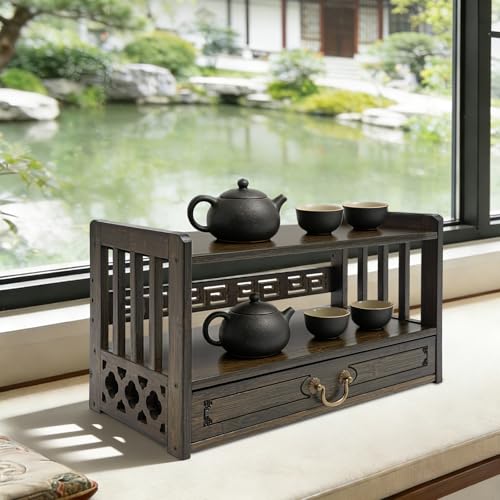 Bamboo Storage Table 3 Tier With Drawer For Spiritual (Walnut Color)