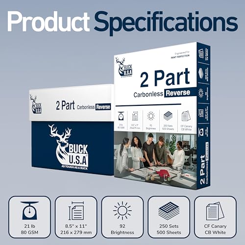 Buck 2 Part Reverse Digital Carbonless Copy Paper, 8.5" x 11" Collated Paper, 5 Ream, 2500 Sheets, 92 Bright, CF Canary/CB White - Ideal for Laser & Digital Printers & Perfect for Quality Duplicates