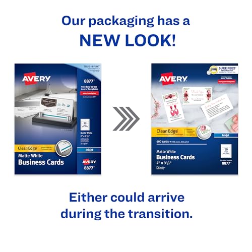 Avery Clean Edge Printable Business Cards with Sure Feed Technology, 2" x 3.5", White, 400 Blank Cards for Inkjet Printers (08877)
