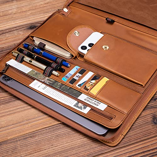 YIWEN Handmade Leather Portfolio Zippered with Front Pocket