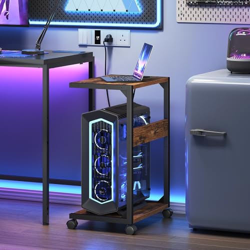 HOOBRO Computer Tower Stand, PC Stand with Charging Station, 2-Tier PC Tower Stand with Locking Caster Wheels, CPU Stand Fits Most PCs, PC Stand for Floor, for Home Office Rustic Brown BF01UCJ01G1