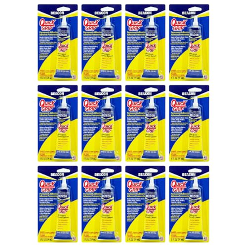 BEACON Quick Grip Permanent Adhesive - Fast-Drying, Crystal-Clear & Weather-Proof Glue for Ceramics, Wood, and More, 2-Ounce, 12-Pack