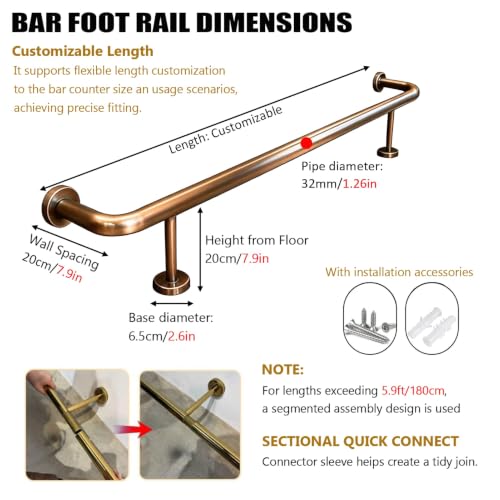 Polished Vintage Copper Bar Foot Rail Complete Set, Sturdy Stainless Steel Foot Rest Rail for Indoor Outdoor Bar Kitchen Restaurant(3ft/91cm)