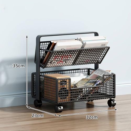 Rolling Book Cart, Large Capacity Office Paper Organizer with Wheels, Slanted Shelf, Multi-Layer Table-Side Metal Storage Rack for Storing Books, Magazines, Newspapers(Black,2 Tier)