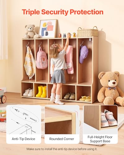 VEVOR 5-Section Coat Locker with Bench, Kids Lockers with 10 Hooks & Non-Slip Mat, Classroom Cubbies for Daycare, Home, Kindergarten- Natural