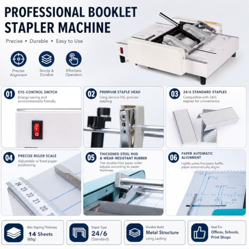 GmhXylophyte Booklet Maker A3 Paper Folder Stapler Machine, Multifunctional Automatic Book Maker Stapling Machine, Built-in Precision Scale On The Deck for Easy Paper Alignment A