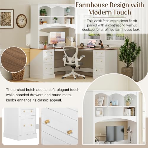 roomfitters L Shaped Computer Desk with Arched Hutch, Farmhouse Corner Writing Workstation Dual Charging Station, White