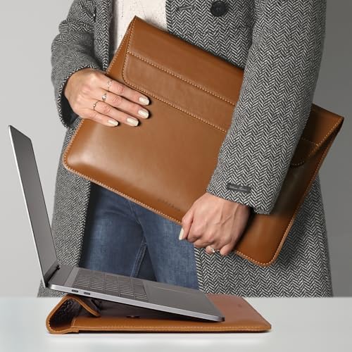 DAREhue Genuine Leather Laptop Sleeve 13-14 Inch, Padded Full Grain Leather Case with Built-in Stand - Toffee Tan Brown, Compatible with MacBook Air, MacBook Pro, Dell, HP, Lenovo
