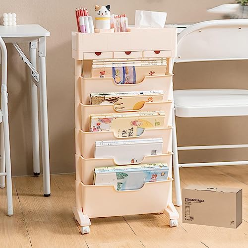 6 Tier Book Cart Storage Bookshelf, Vertical Narrow Bookshelf Organizer with Top partition Storage, Library Reading Rack/Magazine Rack, for Children Students Study in Bedroom Living Room Home School