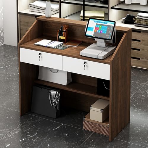 Walisk Reception Desk Retail Counter with Lockable Drawer and Open Shelves, Modern Style, Brown Walnut Finish, Rectangular Shape, Floor Mount, 60x38x92cm (LxWxH), Office Use