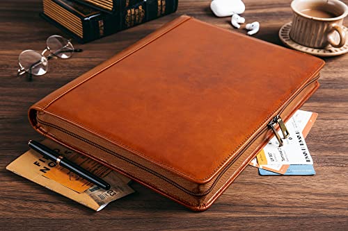 Leather Portfolio Binder - 3 Ring Padfolio Organizer, Handmade Personalized for Women, iPad Laptop for Men - Brown, Custom