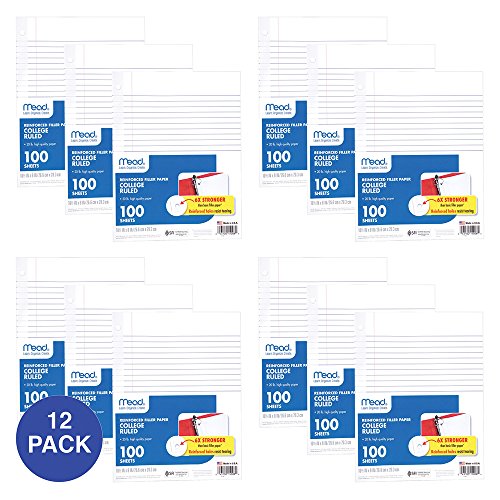 Mead Loose Leaf Paper, Filler Paper, Reinforced, College Ruled, 100 Sheets, 10-1/2" x 8", 3 Hole Punched, 12 Pack (72428)