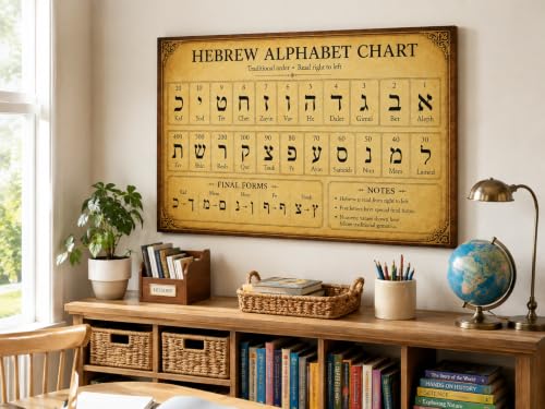 Hebrew Alphabet Chart Poster Aleph Bet Educational Judaica Wall Art (Framed,Wrapped Canvas,24" L x 36" W)