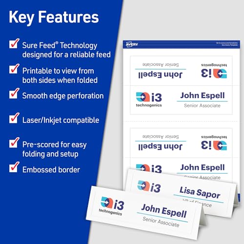 Avery Printable Tent Cards with Sure Feed Technology, 2.5" x 8.5", White with Embossed Border, 2-Pack, Total of 200 Blank Place Cards for Laser or Inkjet Printers (25305)