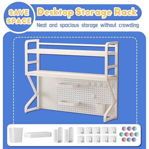 RNQZ 2 Tier Desktop Bookshelf,Metal Storage Office Desktop Organizer Shelf with Pegboard, Storage Display Rack for Office, Dormitory, Home,White,50cm