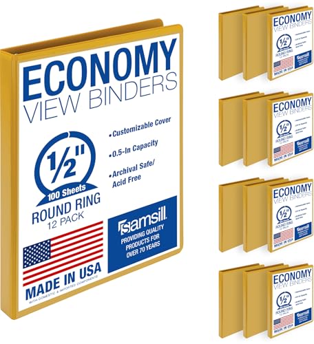 Samsill 0.5 Inch 3 Ring Binders, Economy Round Ring, Clear View Cover, 100 Sheet Capacity - for School, Home, Office - Yellow, 12 Pack