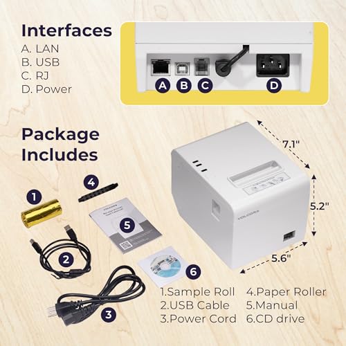Volcora Thermal Receipt Printer, 80mm POS Printer w/Auto Cutter, USB/Ethernet Interface for Windows/MAC/Linux, ESC/POS Command Support Cash Drawer, High Speed Kitchen Printer, Wall Mount (White)