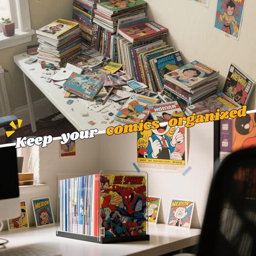 EZFXHD WTER Comic Book Storage Holder，Wood Comic Book Case with three acrylic dividers，Acrylic Comics Book Box，Bin & Organizer，Stores Up To 150 Comics (Black)