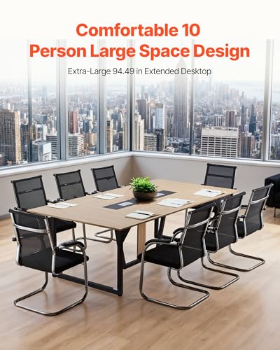 VEVOR Conference Table, 8 ft Office Meeting Table for 10 Person, Modern Rectangle Seminar Desk with Metal Legs, Large Meeting Desk Ideal for Office, Boardroom, Conference Room, Easy Assembly, Brown